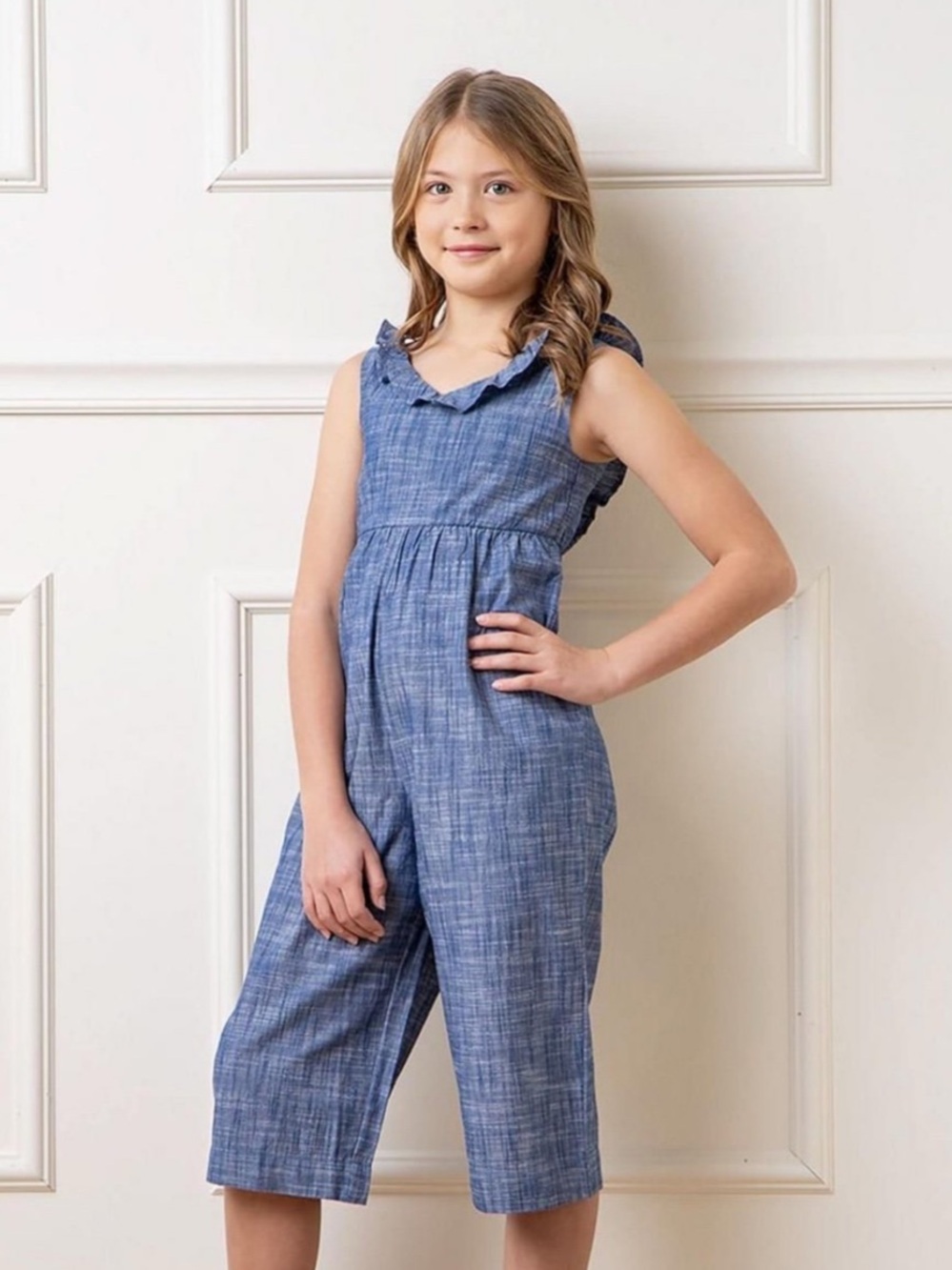 Hope & Henry chambray ruffle neck jumpsuit